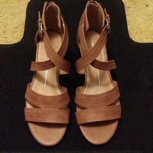 tan leather slight half wedge sandals